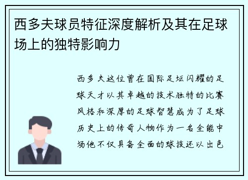 西多夫球员特征深度解析及其在足球场上的独特影响力 西多夫球员特征深度解析及其在足球场上的独特影响力