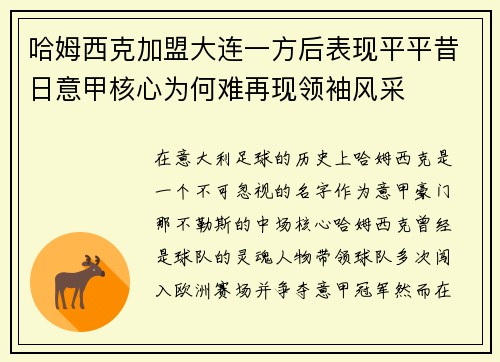 哈姆西克加盟大连一方后表现平平昔日意甲核心为何难再现领袖风采 哈姆西克加盟大连一方后表现平平昔日意甲核心为何难再现领袖风采